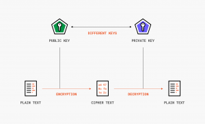 Another security issue that blockchain eliminates is data theft.   flow chart/small diagram of the public and private key
